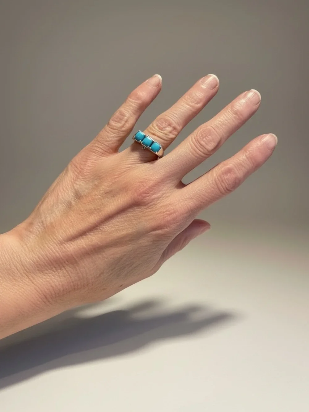 Sleeping Beauty Turquoise Triple Stone Ring set in .925 Sterling size 5 NEW